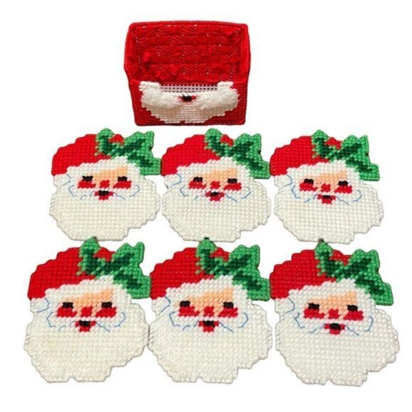 VTG Santa Claus Handmade Plastic Canvas Coasters Napkin Rings Set of 6 - Picture 3 of 11